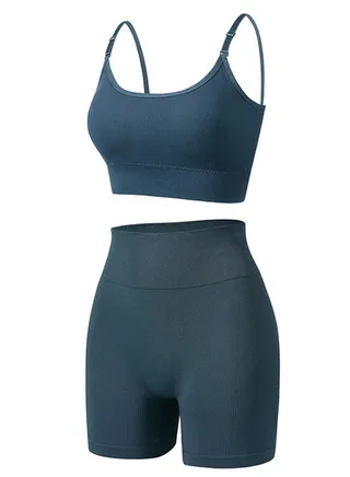Women's Solid Color Sport Fitness Lingerie Set 2-piece Seamless Wireless Bra+High Waist Boxer Shorts Sport Suit Dusty Blue 