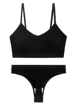 Women's Solid Color Lingerie Set 2-piece Seamless Wireless Bra+Low Waisted Thong Shorts Sport Suit Black 