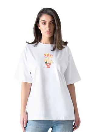 White Noodles Printed Over-Sized T-Shirt 