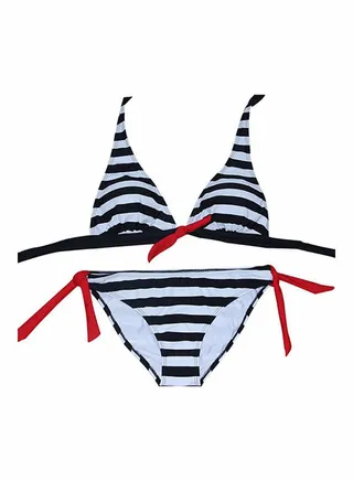 Women Summer Two Piece Swimwear Halter Top Plaid Stripe Bikini Set Swimsuit Black 
