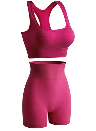 Women's Solid Color Sport Fitness Lingerie Set 2-piece Seamless Wireless Wide Shoulders Bra Vest+High Waist Boxer Briefs Sport Suit Rose Pink 