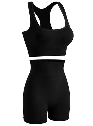 Women's Solid Color Sport Fitness Lingerie Set 2-piece Seamless Wireless Wide Shoulders Bra Vest+High Waist Boxer Briefs Sport Suit Black 