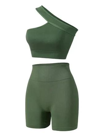Women's Solid Color Sport Fitness Lingerie Set 2-piece Seamless Wireless Sloping Shoulders Vest+High Waist Boxer Briefs Sport Suit Army Green 