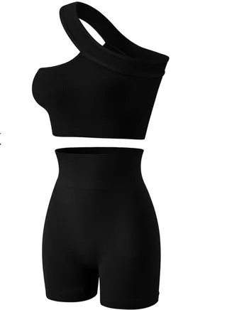 Women's Solid Color Sport Fitness Lingerie Set 2-piece Seamless Wireless Sloping Shoulders Vest+High Waist Boxer Briefs Sport Suit Black 