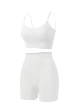 Women's Solid Color Sport Fitness Lingerie Set 2-piece Seamless Wireless Bra+High Waist Boxer Shorts Sport Suit White 