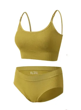 Women's Solid Color Sport Fitness Lingerie Set 2-piece Seamless Wireless Adjustable Shoulders Vest Bra+Low Waist Briefs Sport Suit Lemon Yellow 