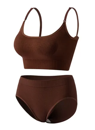 Women's Solid Color Sport Fitness Lingerie Set 2-piece Seamless Wireless Adjustable Shoulders Vest Bra+Low Waist Briefs Sport Suit Brown 