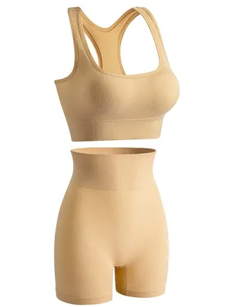Women's Solid Color Sport Fitness Lingerie Set 2-piece Seamless Wireless Wide Shoulders Bra Vest+High Waist Boxer Briefs Sport Suit Beige 