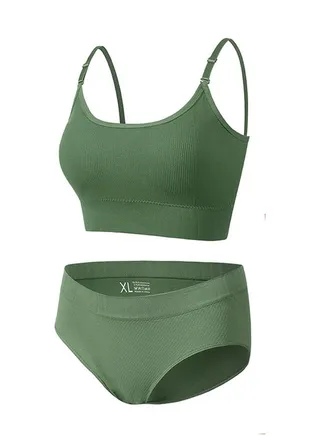 Women's Solid Color Sport Fitness Lingerie Set 2-piece Seamless Wireless Adjustable Shoulders Vest Bra+Low Waist Briefs Sport Suit Army Green 