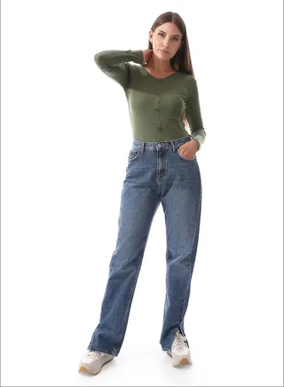 Self Ribbed Top With Decorative Buttons _ Olive 