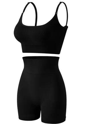 Women's Solid Color Sport Fitness Lingerie Set 2-piece Seamless Wireless Bra+High Waist Boxer Shorts Sport Suit Black 