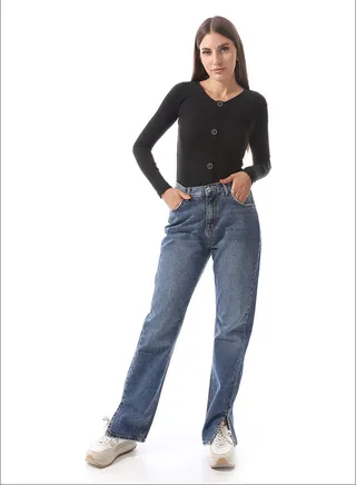 Self Ribbed Top With Decorative Buttons _ Black 