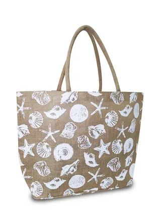 Sustainable Jute Printed Beach Bag with Soft Padded Handles. Inside Water Resistant Liner, Magnet Button Closure & Inside Zipper Pocket. 