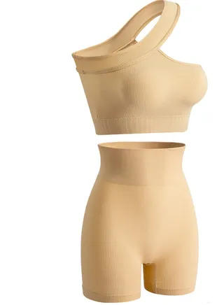 Women's Solid Color Sport Fitness Lingerie Set 2-piece Seamless Wireless Sloping Shoulders Vest+High Waist Boxer Briefs Sport Suit Beige 