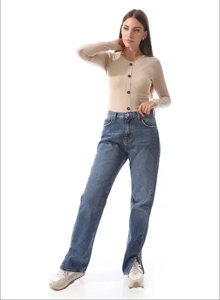 Self Ribbed Top With Decorative Buttons _ Beige 