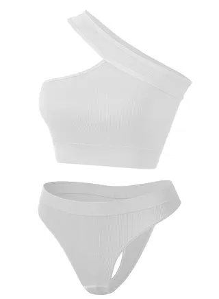 Women's Solid Color Sport Fitness Lingerie Set 2-piece Seamless Wireless Slanted Shoulders Vest+Low Waist Briefs Sport Suit White 