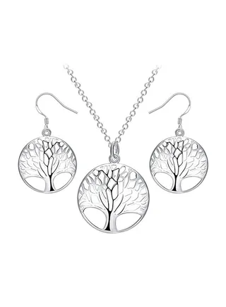 925 Sterling Silver Plated Pendant Necklace With Earrings Set 