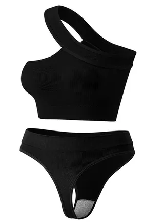 Women's Solid Color Sport Fitness Lingerie Set 2-piece Seamless Wireless Slanted Shoulders Vest+Low Waist Briefs Sport Suit Black 