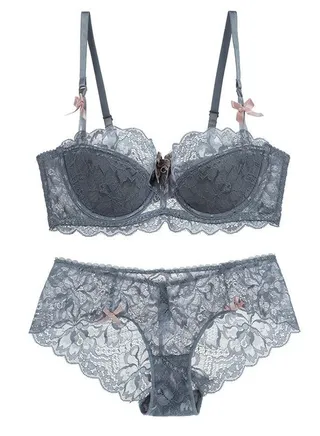 Comfy Thin Cup 1/2 Cup Lace Bra And Panty Set Grey 