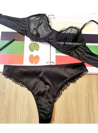 Solid Color Ultra Thin Cup Bra And Panty Set Black 