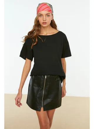 Black 100% Cotton Boyfriend/Wide Fit Boat Neck Knitted T-Shirt TWOSS20TS0140 