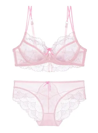 Breathable Ultra Thin Cup Lace Bra And Panty Set Pink 