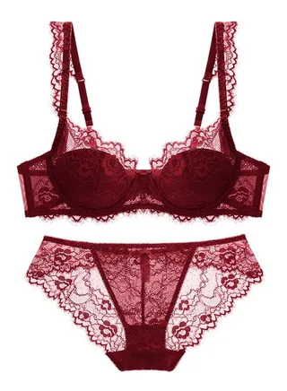 Solid Color Thin Cup 3/4 Cup Lace Bra Panty Set Wine Red 