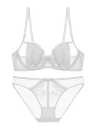Solid Color Ultra Thin Cup Lace Bra And Panty Set White 