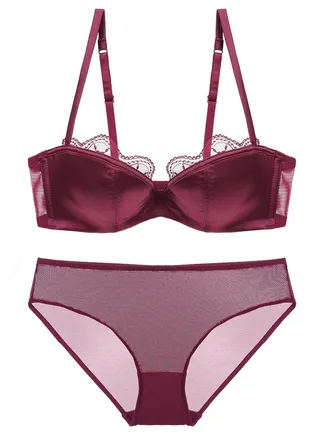 Solid Color Satin Thin Cup 1/2 Cup Bra Panty Set Wine Red 
