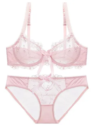 Solid Color 3/4 Cup Ultra Thin Cup Lace Bra Panty Set Light Pink 