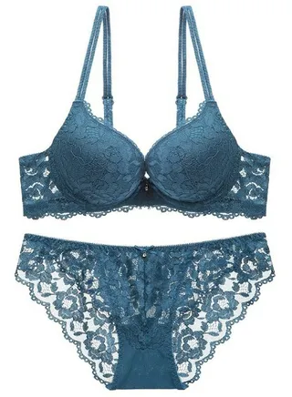 Comfy Solid Color Lace Bra And Panty Set Navy Blue 