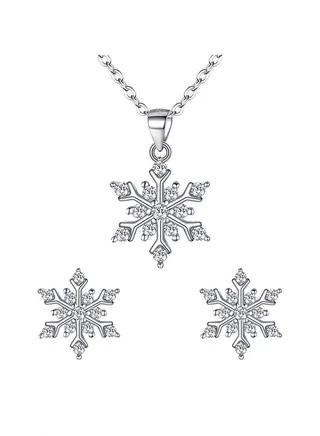 925 Sterling Silver Winter Snowflake Pendant Necklace Stud Earrings Set 