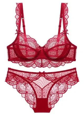 Solid Color 3/4 Cup Ultra Thin Cup Lace Bra Panty Set Wine Red 