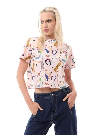 Colorful Pattern Round Neck Casual Tee 