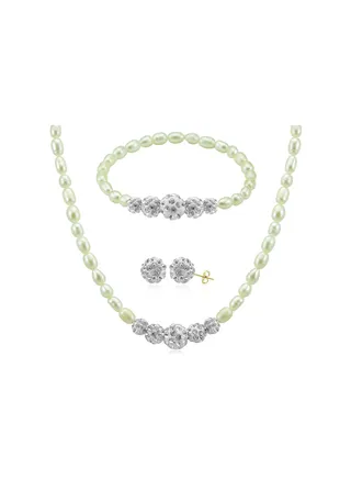Set of 3 10 Karat Gold Gradual Crystal Balls And Pearls Beads Earrings, Necklace and Bracelet 