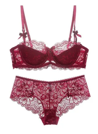 Comfy Thin Cup 1/2 Cup Lace Bra And Panty Set Wine Red 