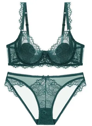 Comfy Ultra Thin Cup Lace Bra And Panty Set Dark Green 