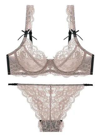 Ultra Thin Cup Lace Bra Panty Set Light Brown And Black Color Matching 