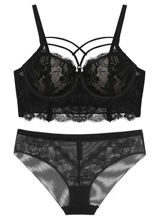 Comfy Solid Color Lace Bra And Panty Set Black 