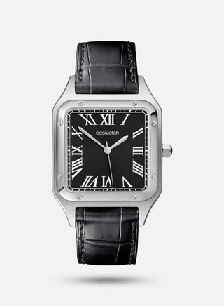 Black leather watch with silver frame, 100% waterproof 