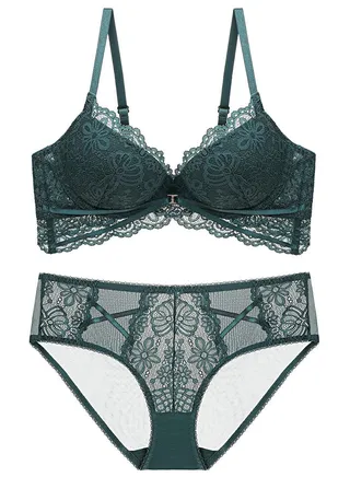 Comfy And Breathable Lace Adjust Bra And Panty Set Dark Green 