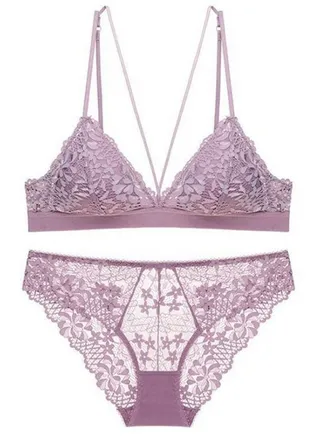 Solid Color Triangle Thin Cup Lace Bra Panty Set Purple 