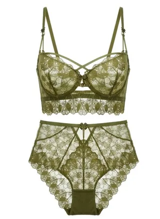 Breathable Ultra Thin Cup Embroider Lace Bra Panty Set Green 