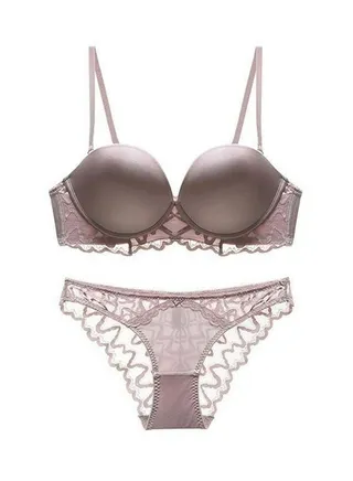 Solid Color Thin Cup Smooth Lace Bra And Panty Set Dusty Pink 