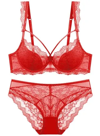 Comfy Breathable Solid Color Thin Cup Lace Bra And Panty Set Red 