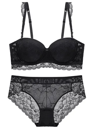 Comfy 1/2 Cup Lace Bra And Panty Set Black 