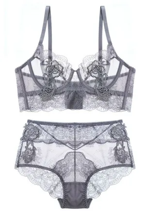 Breathable Ultra Thin Cup Unpadded Lace Bra And Panty Set Grey 