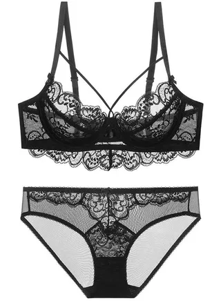 Breathable Ultra Thin Cup Unpadded Lace Bra Panty Set Black 