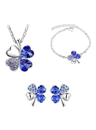 Austrian Crystal Floating Heart Pendant 4 Leaf Leaves Necklace And Earrings Set 