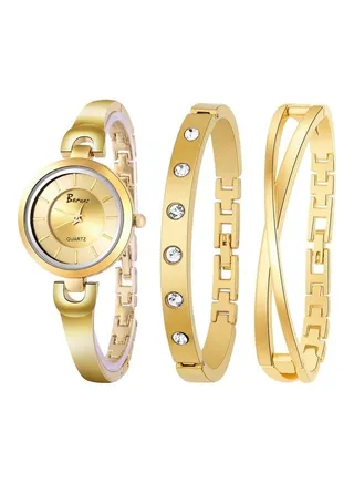 Women's Analog Watch Stainless Steel Band With 2 Bracelets 